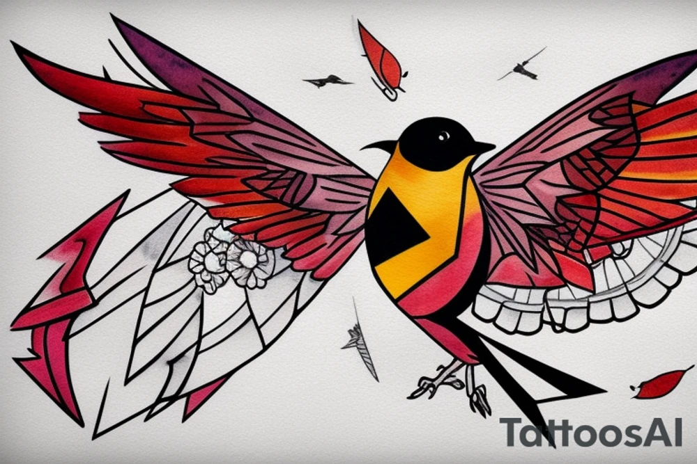 art fusion geometric watercolour style robin mid-flight with spread wings, dynamic, small amount of red accent tattoo idea