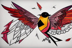 art fusion geometric watercolour style robin mid-flight with spread wings, dynamic, small amount of red accent tattoo idea