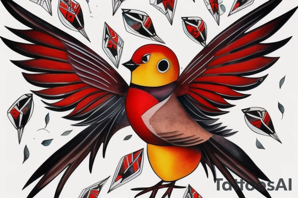 art fusion geometric watercolour style robin mid-flight with spread wings, dynamic, small amount of red accent tattoo idea