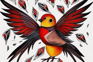 art fusion geometric watercolour style robin mid-flight with spread wings, dynamic, small amount of red accent tattoo idea