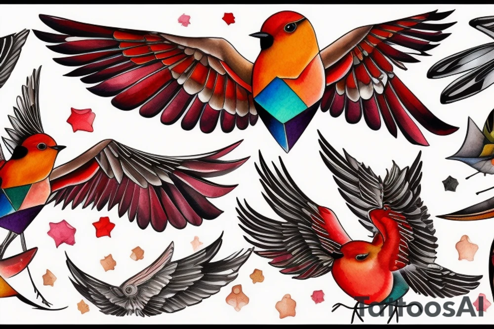 art fusion geometric watercolour style robin mid-flight with spread wings, dynamic, small amount of red accent tattoo idea