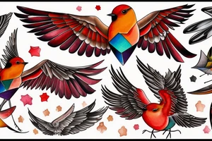 art fusion geometric watercolour style robin mid-flight with spread wings, dynamic, small amount of red accent tattoo idea