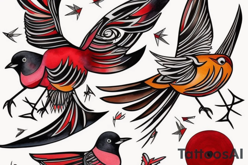 art fusion geometric watercolour style robin mid-flight with spread wings, dynamic, small amount of red accent tattoo idea