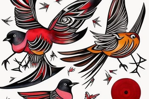 art fusion geometric watercolour style robin mid-flight with spread wings, dynamic, small amount of red accent tattoo idea