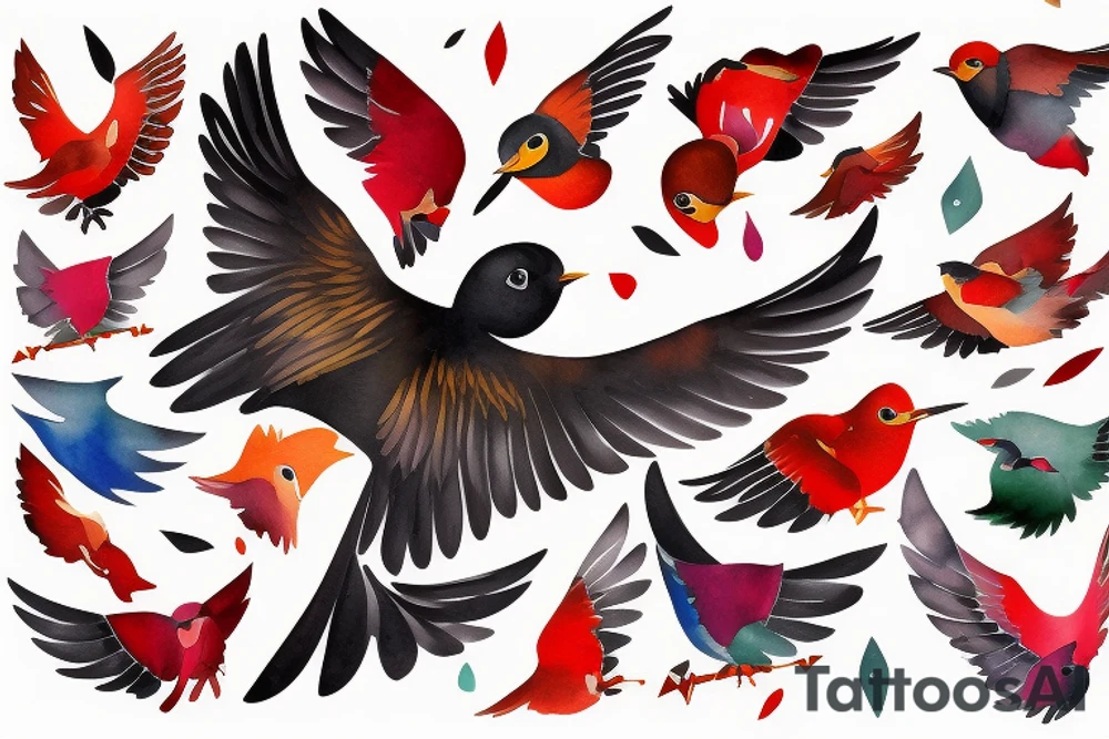art fusion geometric watercolour style robin mid-flight with spread wings, dynamic, small amount of red accent tattoo idea