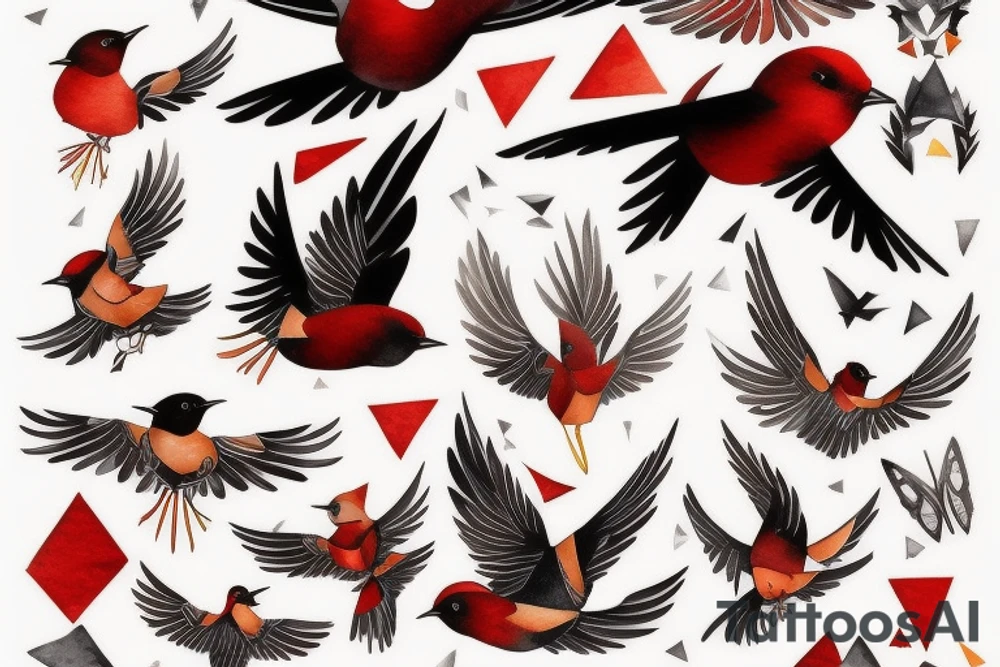 art fusion geometric watercolour style robin mid-flight with spread wings, dynamic, small amount of red accent tattoo idea