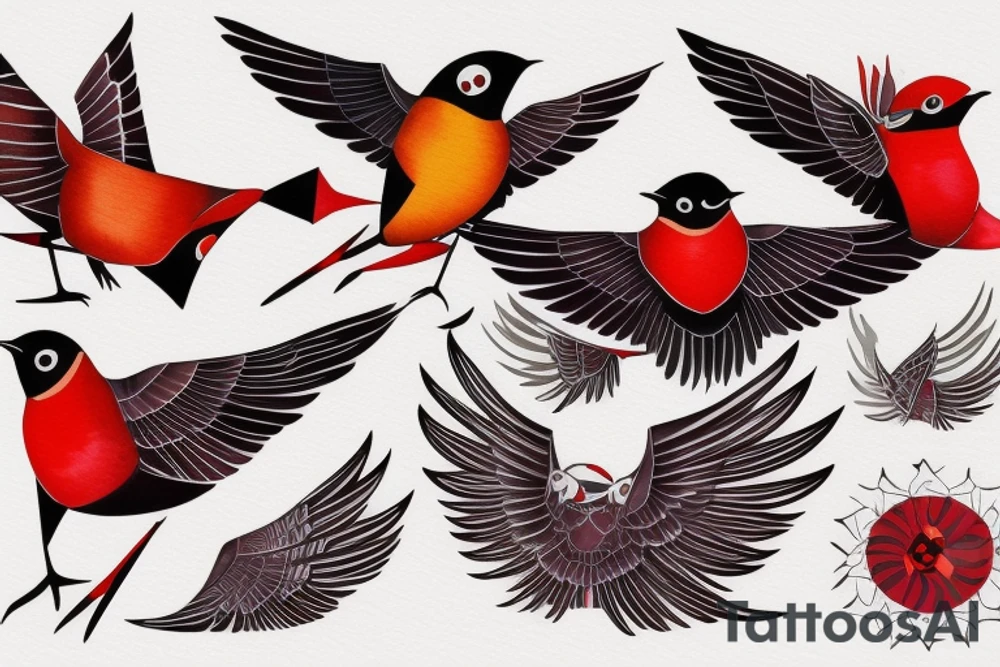 art fusion geometric watercolour style robin mid-flight with spread wings, dynamic, small amount of red accent tattoo idea