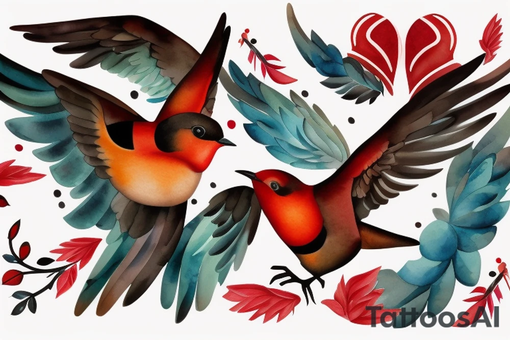 art fusion geometric watercolour style robin mid-flight with spread wings, dynamic, small amount of red accent tattoo idea