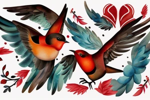 art fusion geometric watercolour style robin mid-flight with spread wings, dynamic, small amount of red accent tattoo idea