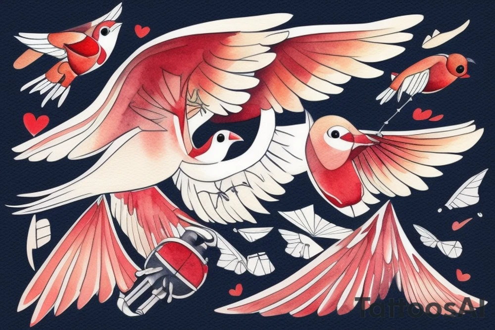 art fusion geometric watercolour style robin mid-flight with spread wings, dynamic, small amount of red accent tattoo idea