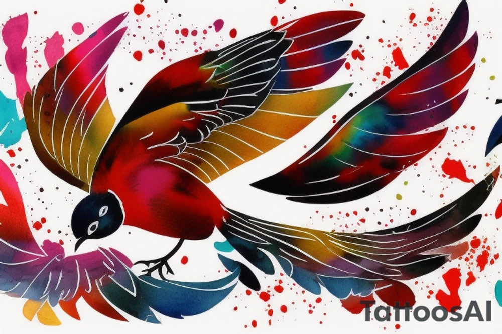 art fusion geometric watercolour style robin mid-flight with spread wings, dynamic, small amount of red accent, messy, splatters tattoo idea