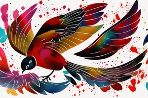 art fusion geometric watercolour style robin mid-flight with spread wings, dynamic, small amount of red accent, messy, splatters tattoo idea