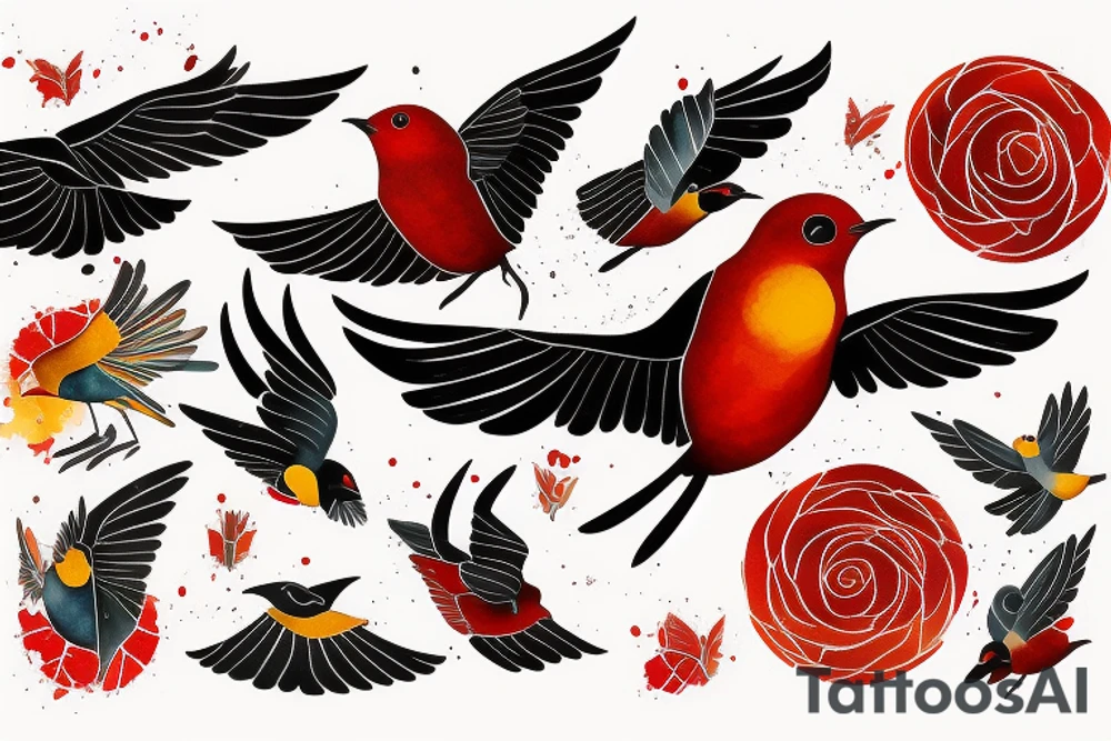 art fusion geometric watercolour style robin mid-flight with spread wings, dynamic, small amount of red accent, messy, splatters tattoo idea
