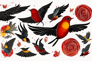 art fusion geometric watercolour style robin mid-flight with spread wings, dynamic, small amount of red accent, messy, splatters tattoo idea