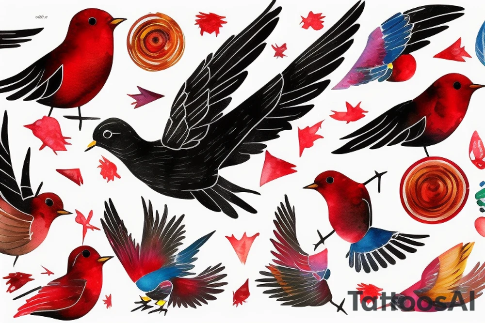 art fusion geometric watercolour style robin mid-flight with spread wings, dynamic, small amount of red accent, messy, splatters tattoo idea