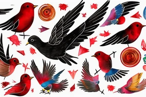 art fusion geometric watercolour style robin mid-flight with spread wings, dynamic, small amount of red accent, messy, splatters tattoo idea