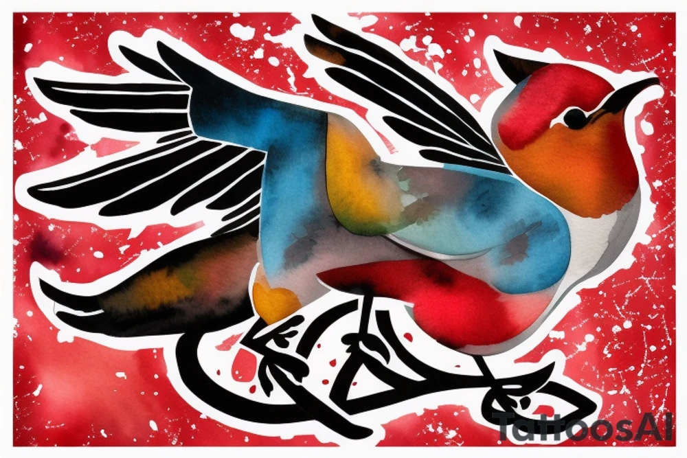 art fusion geometric watercolour style robin mid-flight with spread wings, dynamic, small amount of red accent, messy, splatters tattoo idea