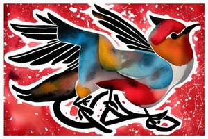 art fusion geometric watercolour style robin mid-flight with spread wings, dynamic, small amount of red accent, messy, splatters tattoo idea