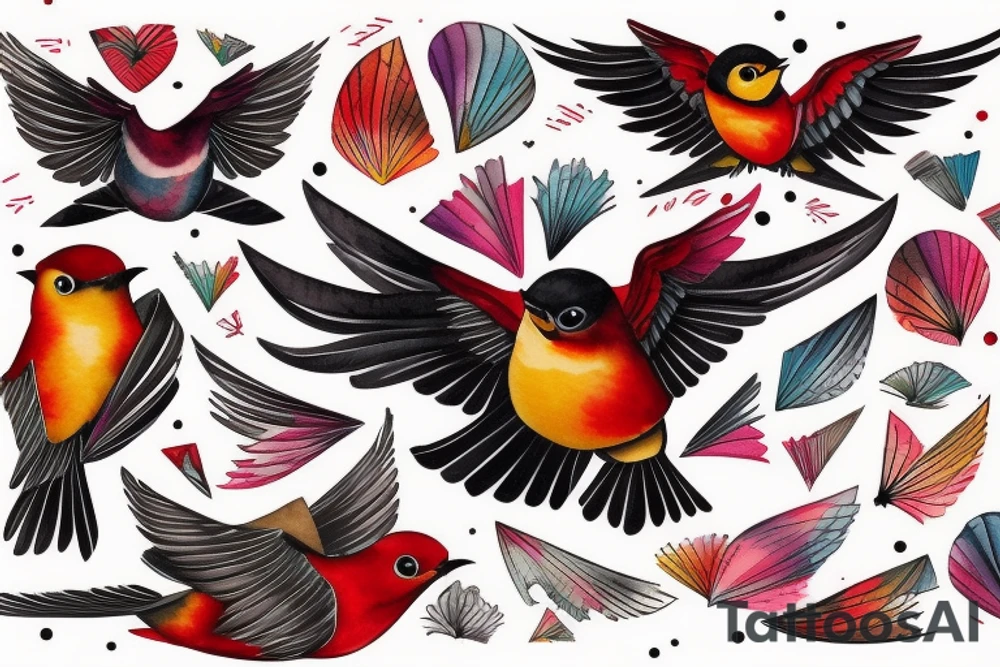 art fusion geometric watercolour style robin mid-flight with spread wings, dynamic, small amount of red accent, messy, splatters tattoo idea