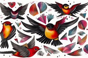 art fusion geometric watercolour style robin mid-flight with spread wings, dynamic, small amount of red accent, messy, splatters tattoo idea