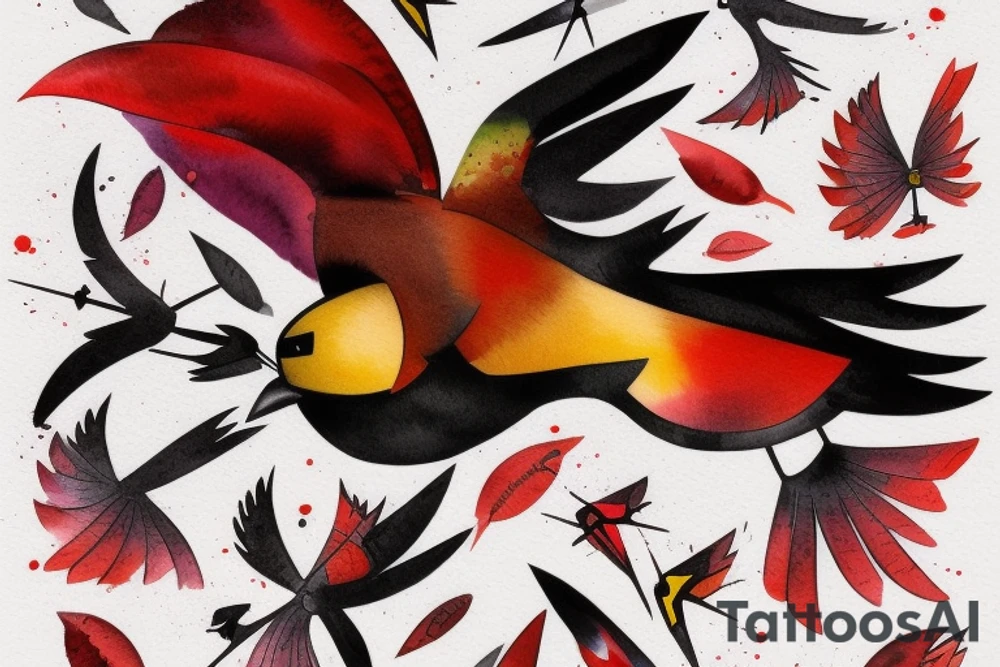 art fusion geometric watercolour style robin mid-flight with spread wings, dynamic, small amount of red accent, messy, splatters tattoo idea