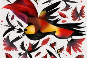 art fusion geometric watercolour style robin mid-flight with spread wings, dynamic, small amount of red accent, messy, splatters tattoo idea