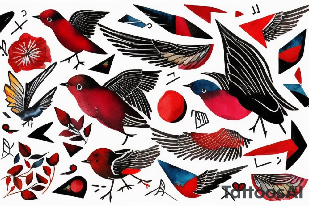 art fusion geometric watercolour style robin mid-flight with spread wings, dynamic, small amount of red accent, bold shapes tattoo idea