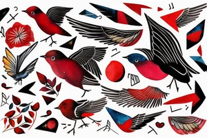 art fusion geometric watercolour style robin mid-flight with spread wings, dynamic, small amount of red accent, bold shapes tattoo idea