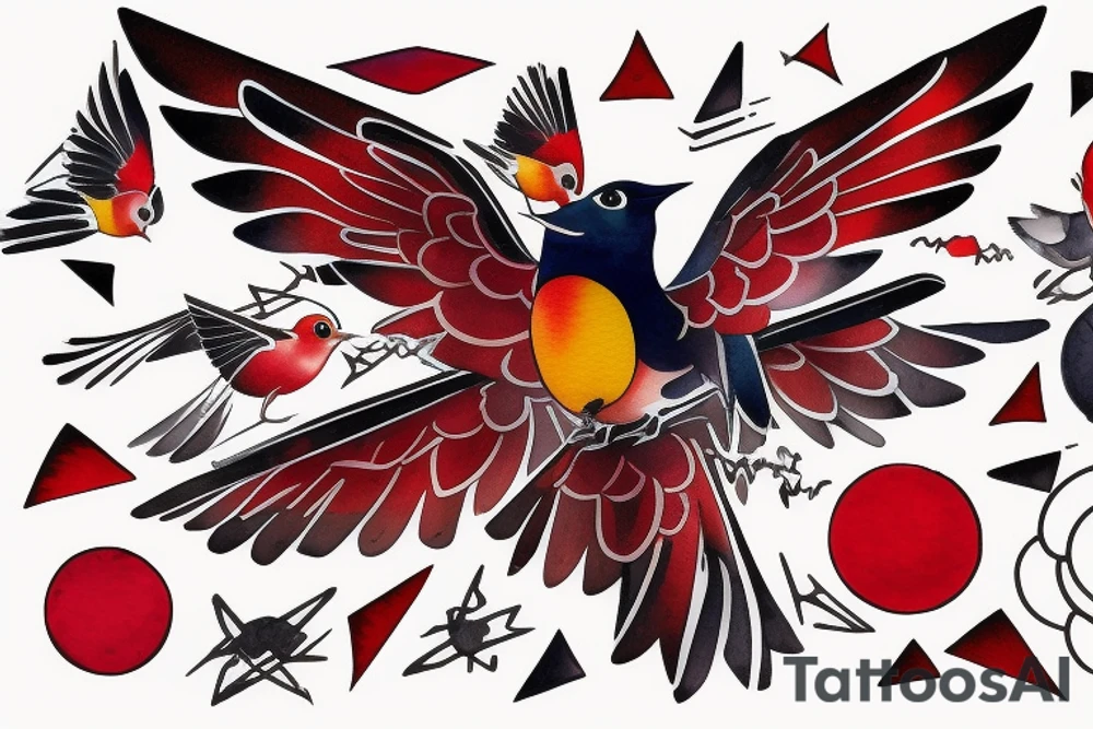 art fusion geometric watercolour style robin mid-flight with spread wings, dynamic, small amount of red accent, bold shapes tattoo idea