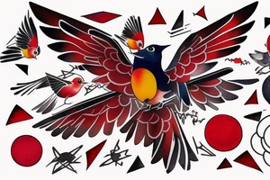 art fusion geometric watercolour style robin mid-flight with spread wings, dynamic, small amount of red accent, bold shapes tattoo idea