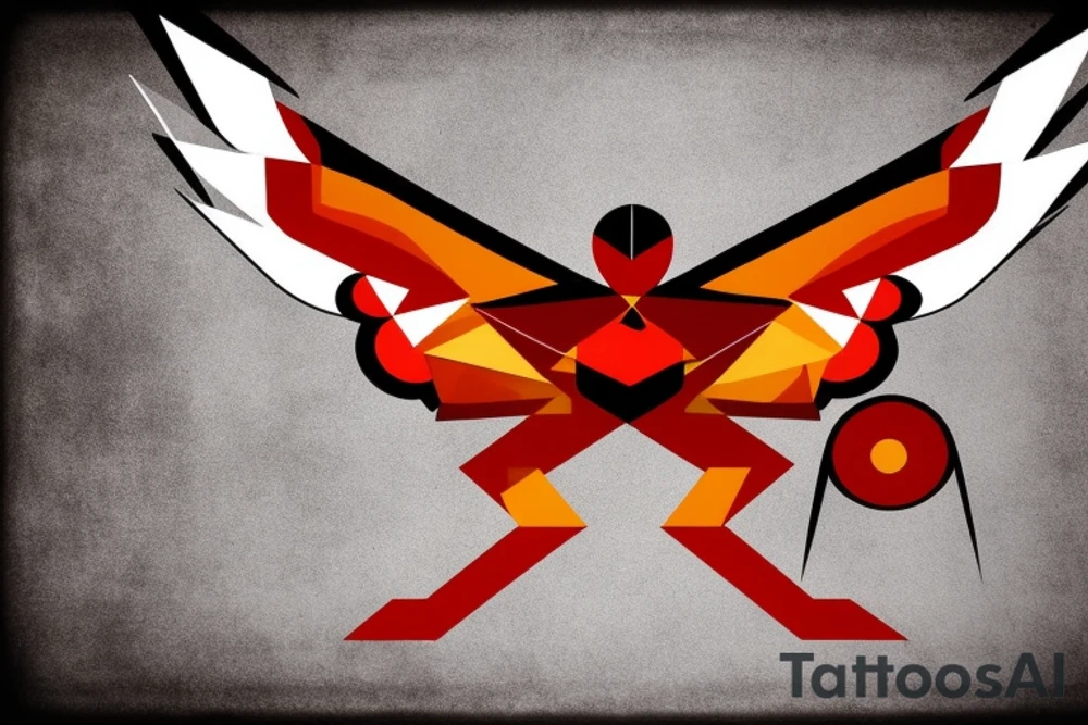 art fusion geometric abstract style robin mid-flight with spread wings, dynamic, small amount of red accent, bold shapes tattoo idea