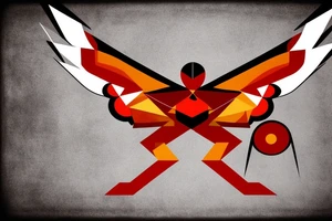 art fusion geometric abstract style robin mid-flight with spread wings, dynamic, small amount of red accent, bold shapes tattoo idea