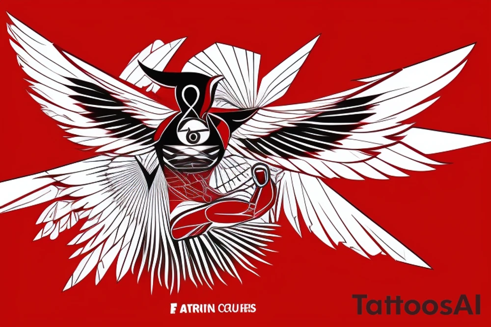 art fusion geometric abstract style robin mid-flight with spread wings, dynamic, small amount of red accent, bold shapes tattoo idea