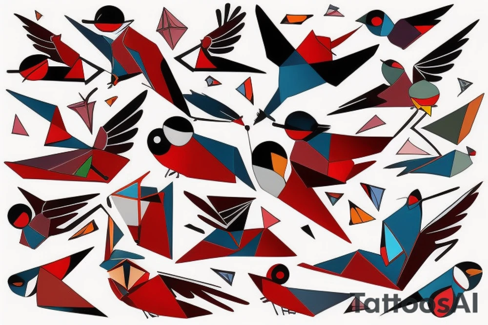 art fusion geometric abstract style robin mid-flight with spread wings, dynamic, small amount of red accent, bold shapes tattoo idea