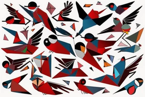 art fusion geometric abstract style robin mid-flight with spread wings, dynamic, small amount of red accent, bold shapes tattoo idea