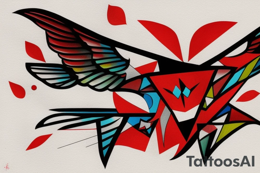 art fusion geometric abstract style robin mid-flight with spread wings, dynamic, small amount of red accent, bold shapes tattoo idea