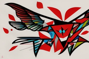 art fusion geometric abstract style robin mid-flight with spread wings, dynamic, small amount of red accent, bold shapes tattoo idea