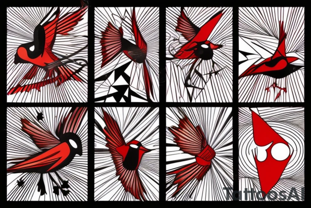 art fusion geometric abstract style robin mid-flight with spread wings, dynamic, small amount of red accent, bold shapes tattoo idea