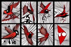 art fusion geometric abstract style robin mid-flight with spread wings, dynamic, small amount of red accent, bold shapes tattoo idea