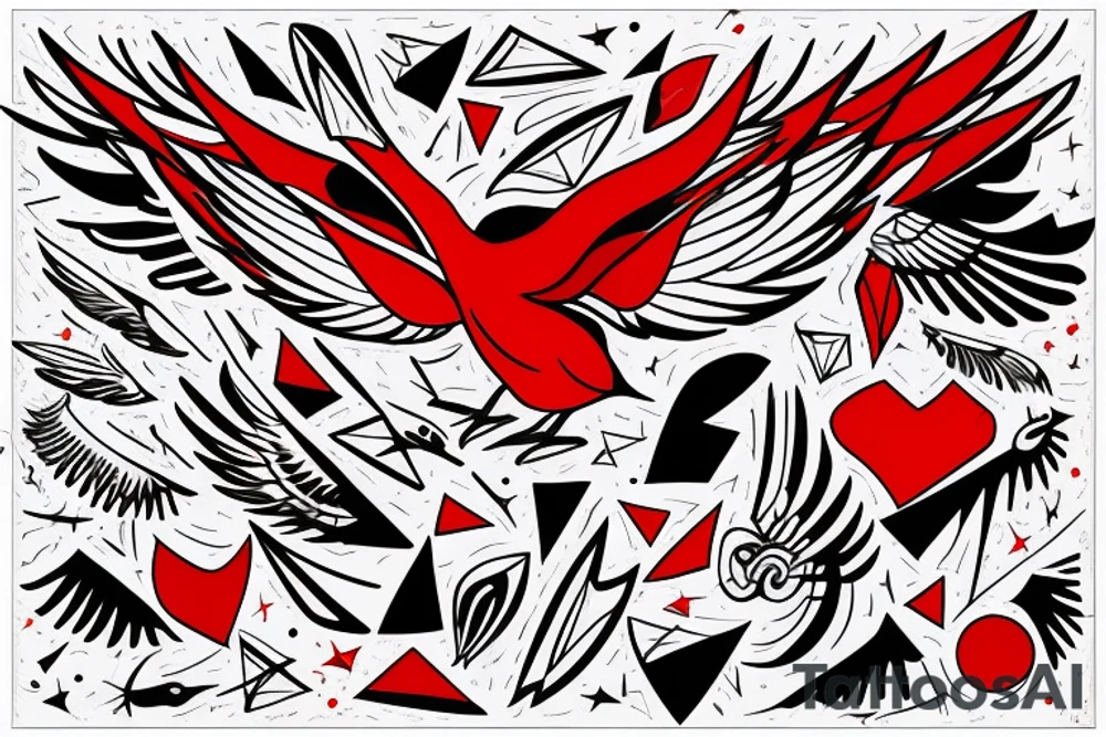 art fusion geometric abstract style robin mid-flight with spread wings, dynamic, small amount of red accent, bold shapes tattoo idea