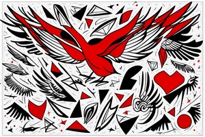 art fusion geometric abstract style robin mid-flight with spread wings, dynamic, small amount of red accent, bold shapes tattoo idea