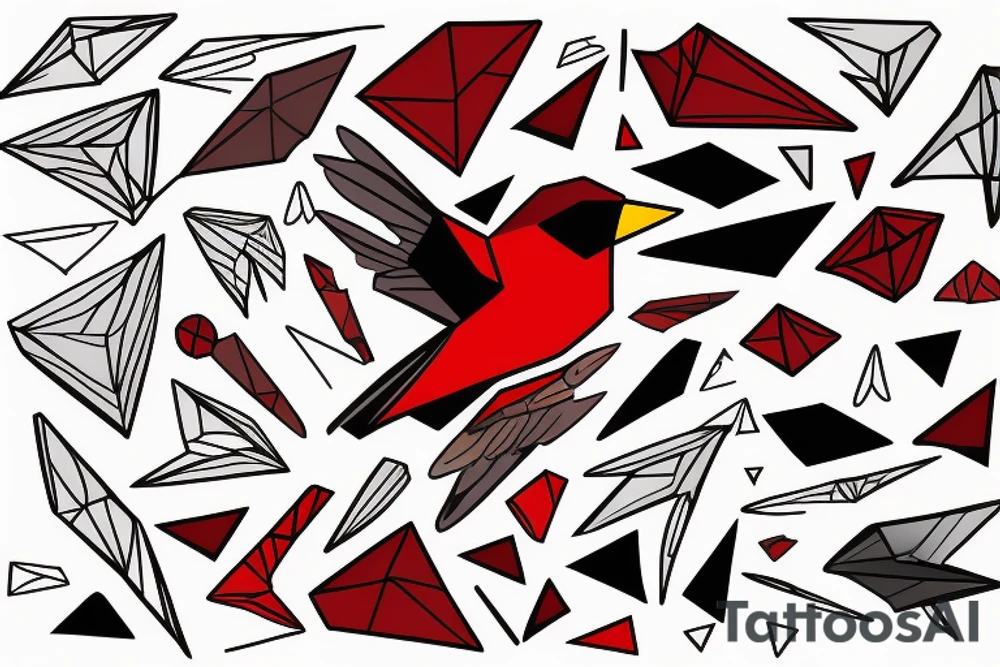 art fusion geometric abstract style robin mid-flight with spread wings, dynamic, small amount of red accent, bold shapes tattoo idea