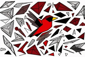 art fusion geometric abstract style robin mid-flight with spread wings, dynamic, small amount of red accent, bold shapes tattoo idea