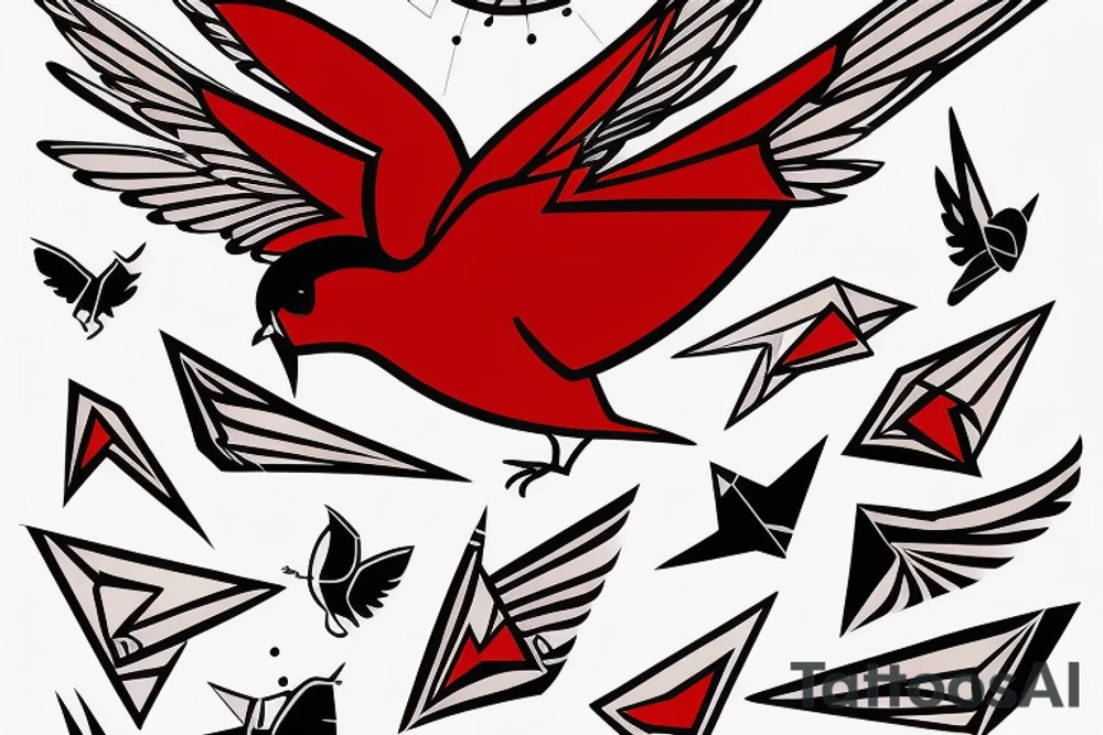 art fusion geometric abstract style robin mid-flight with spread wings, dynamic, small amount of red accent, bold shapes tattoo idea
