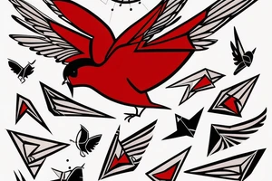 art fusion geometric abstract style robin mid-flight with spread wings, dynamic, small amount of red accent, bold shapes tattoo idea