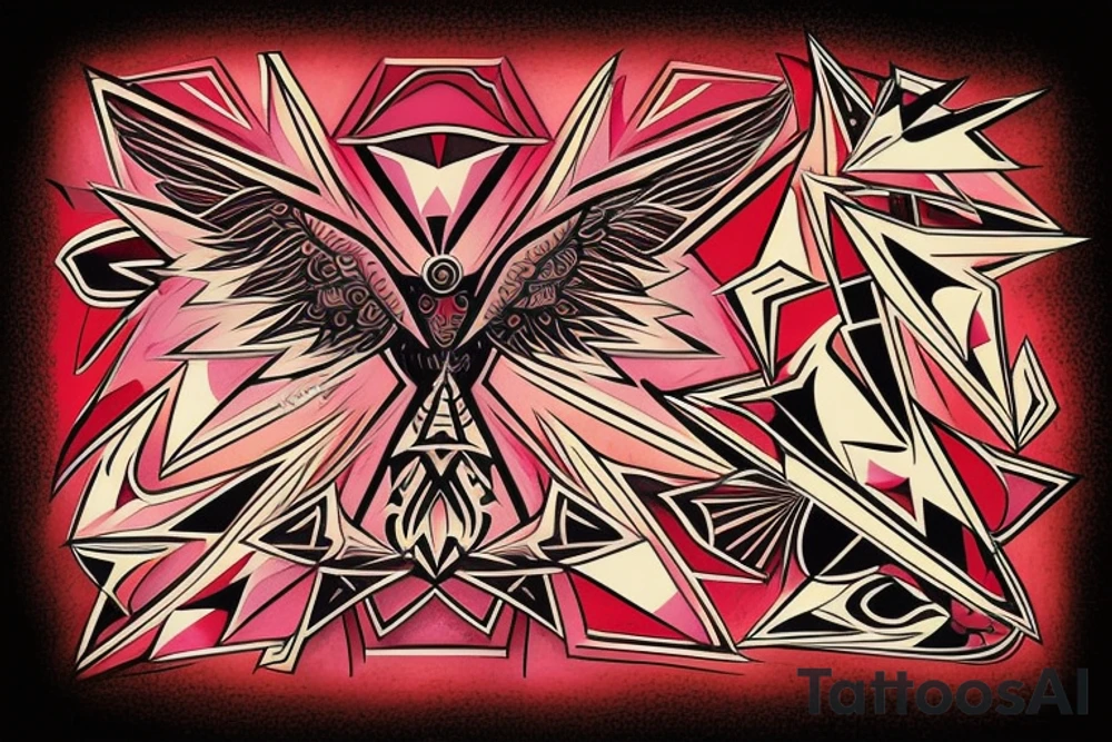 art fusion geometric abstract style robin mid-flight with spread wings, dynamic, small amount of red accent, bold shapes tattoo idea