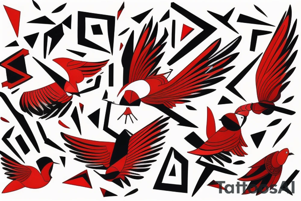 art fusion geometric abstract style robin mid-flight with spread wings, dynamic, small amount of red accent, bold shapes tattoo idea