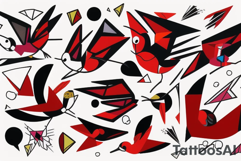 art fusion geometric abstract style robin mid-flight with spread wings, dynamic, small amount of red accent, bold shapes tattoo idea