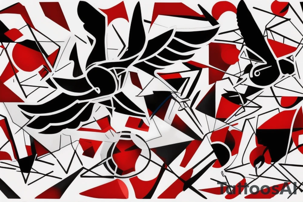 art fusion geometric abstract style robin mid-flight with spread wings, dynamic, small amount of red accent, bold shapes tattoo idea