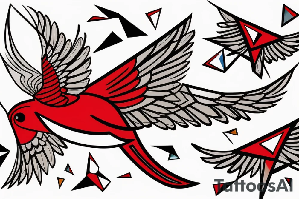 art fusion geometric abstract style robin mid-flight with spread wings, dynamic, small amount of red accent, bold shapes tattoo idea